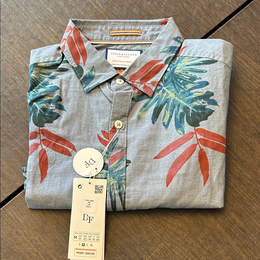 Denim & Flower Men's Leaf Print Shirt - Blue-ish Gray, Red, Green